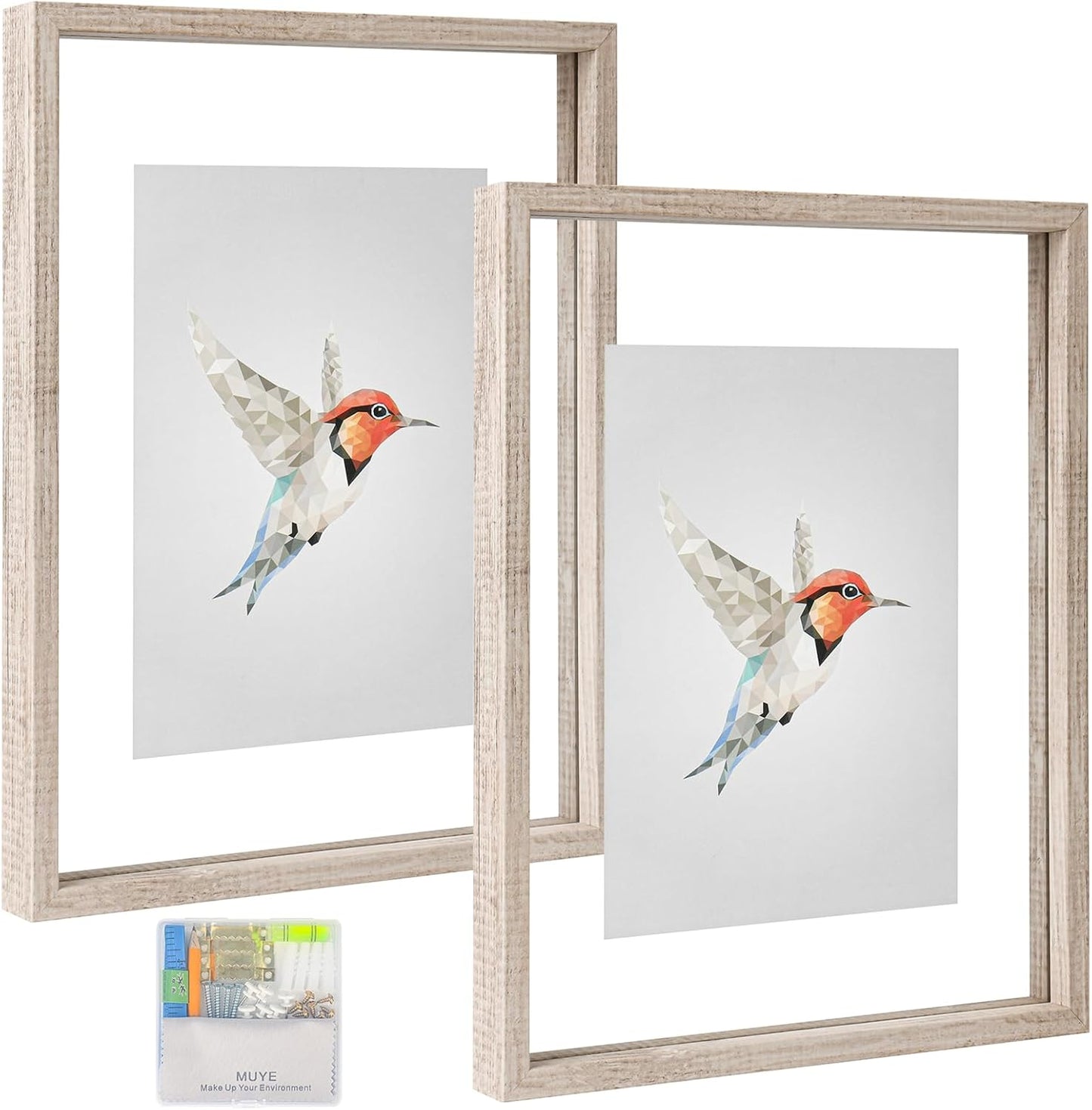 MUYE 11x14 Floating Frame Set of 2,Double Glass Rustic Frame,Display Any Size Photo up to 11x14,Wall Mount or Tabletop Standing,Natural