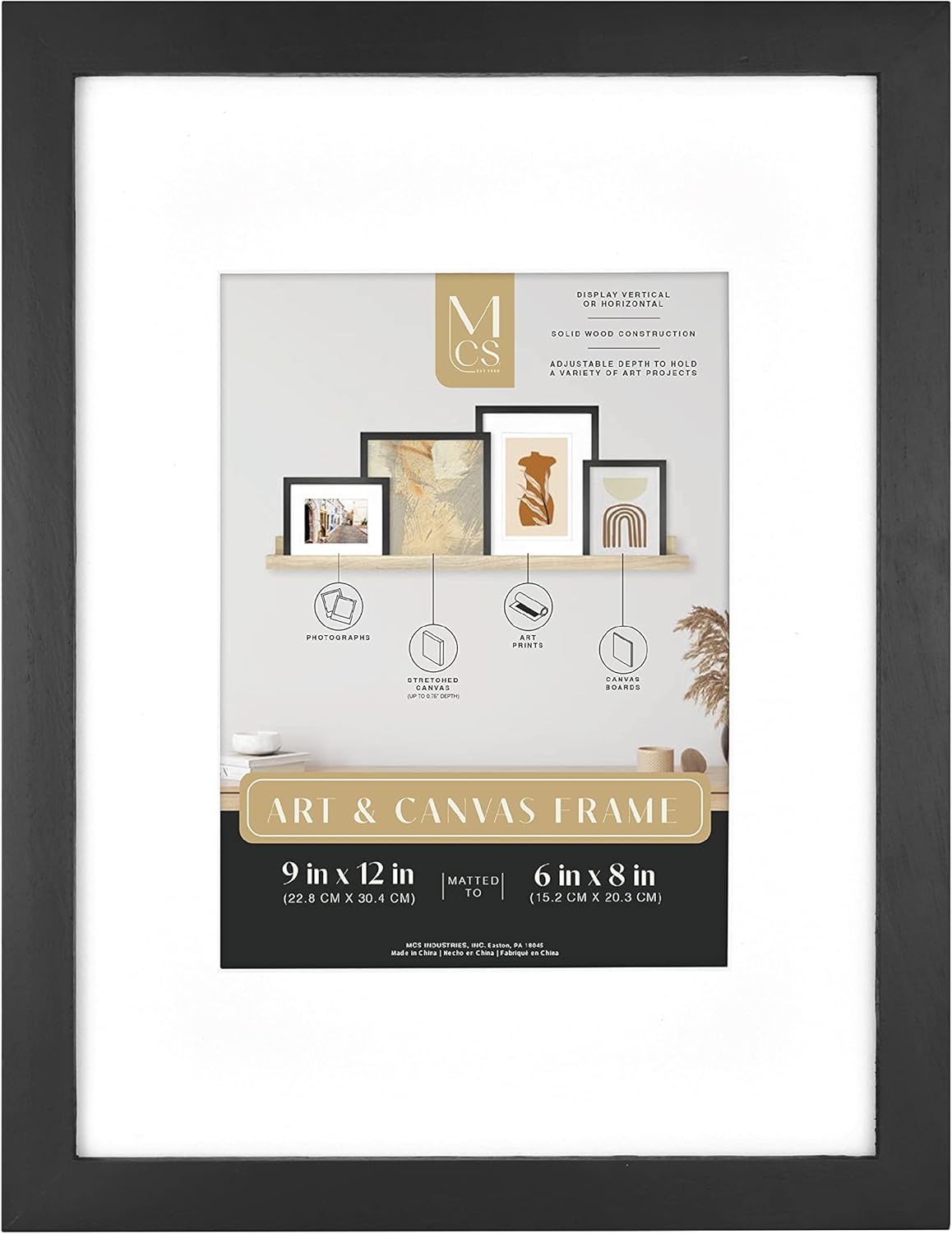 MCS Canvas Float Frames 8x10 Frame, Black Frame for Finished Canvases, Vertical & Horizontal Wall Hanging Frame with Adhesive for Canvas Paintings (1-Pack)