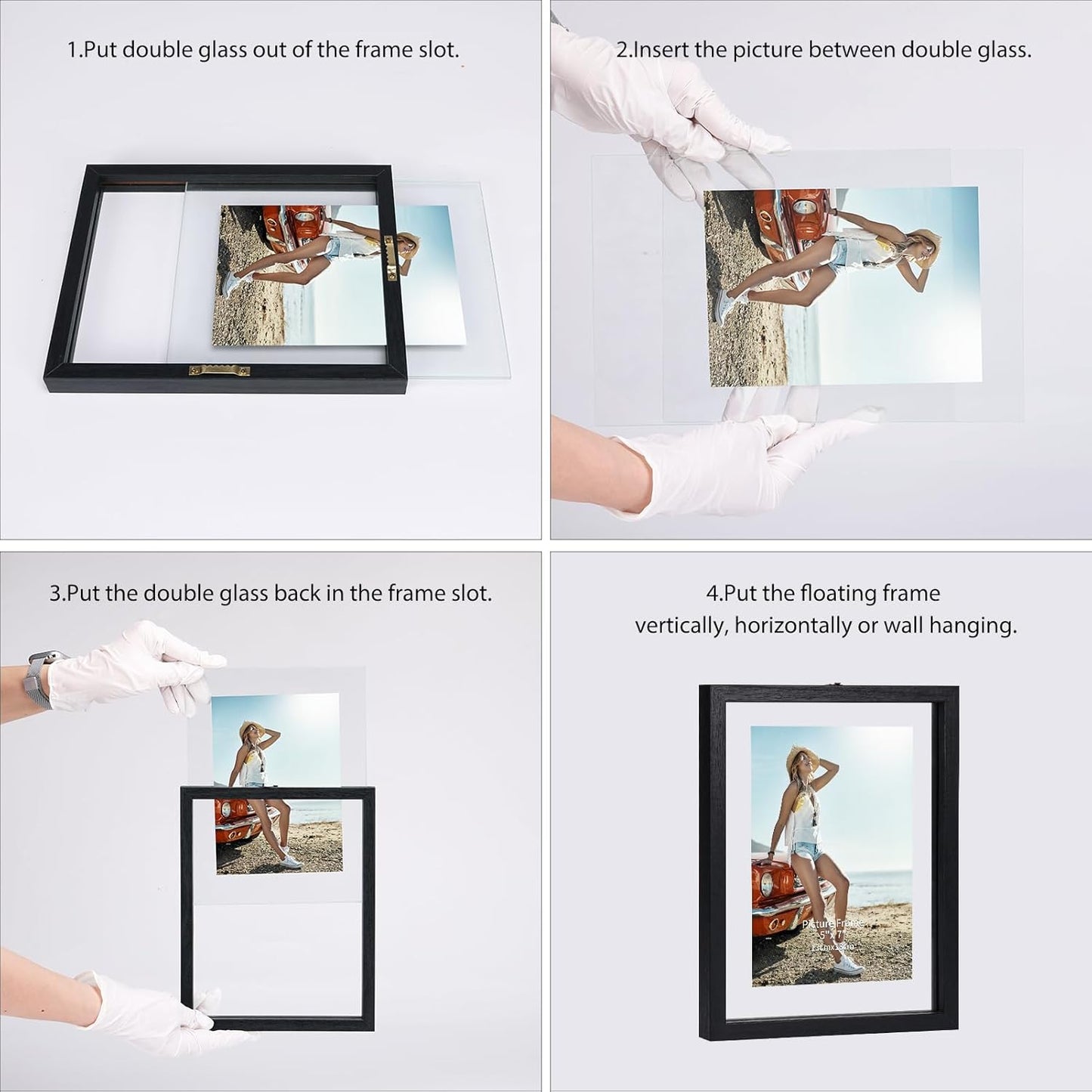 Trwcrt 4x6 Floating Picture Frames Set of 4, Double Glass Photo Frame Display up to 6 x 8 Photos for Desktop or Wall Hanging, Black