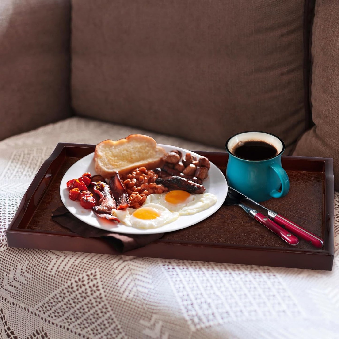 MDLUU Plastic Serving Tray, Ottoman Tray with Cutout Handles, Rectangle Butler Tray for Breakfast in Bed, Coffee Table Decor, Party (Black)