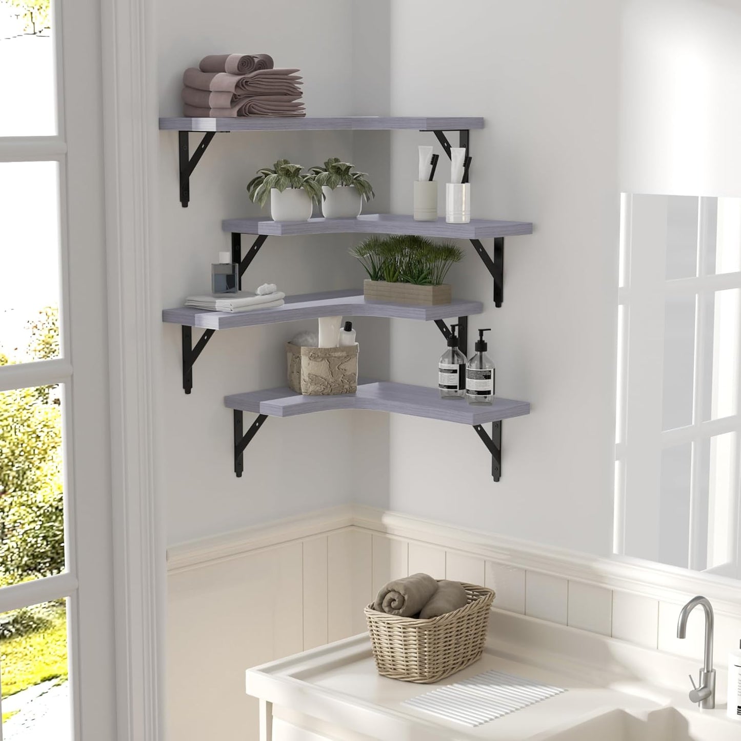 ROMGUAR CRAFT Corner Floating Shelves Wall Mounted Set of 4, Rustic Wood Storage Display Shelves for Home Decor, Bathroom, Kitchen, Bedroom, Living Room, Office (Black)