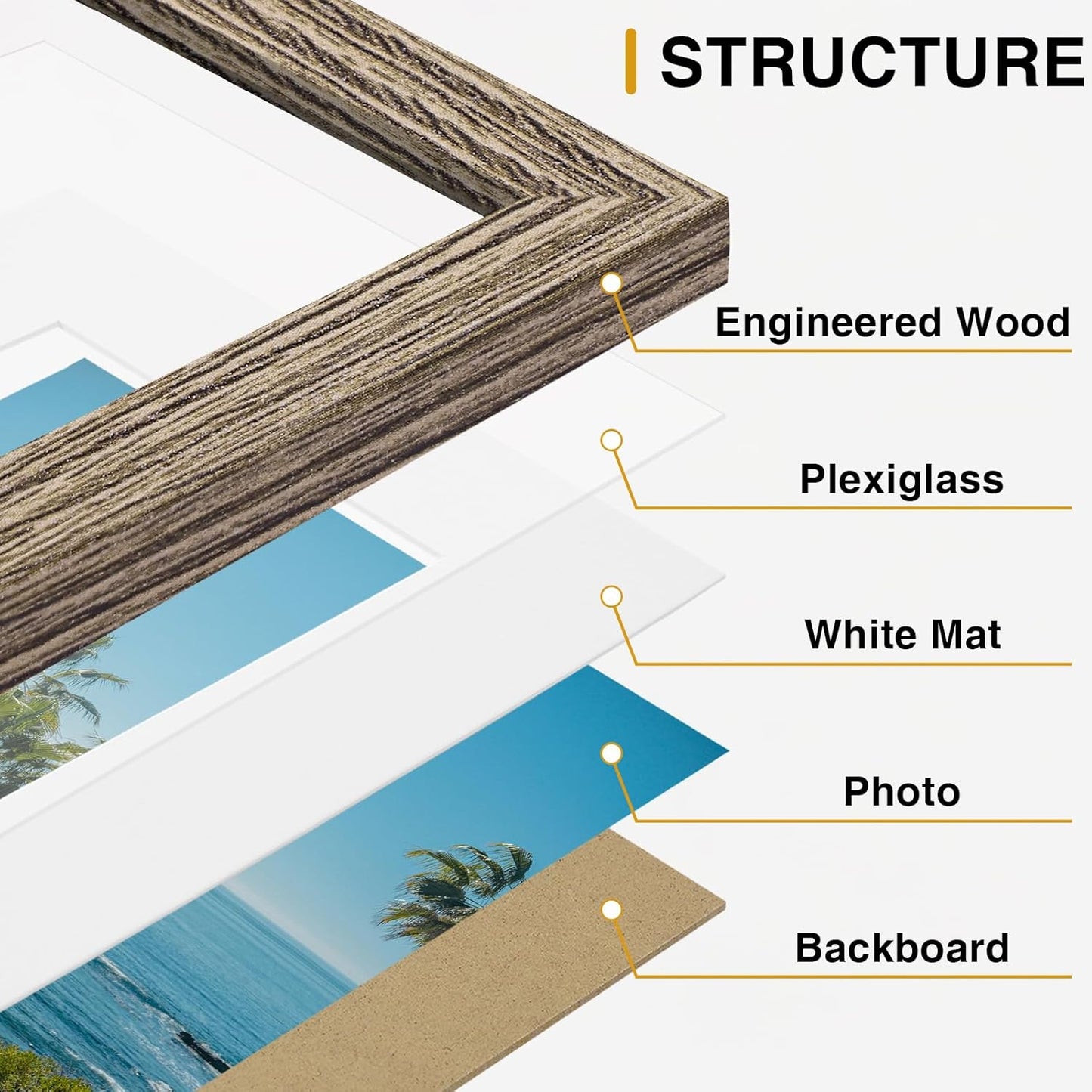 Vittanly 8x10 Picture Frames Set of 9, Shatter Resistant Plexiglass, Display 5x7 Pictures with Mat or 8x10 without Mat, Photo Frames for Wall or Tabletop, Engineered Wood, Black - Colors B