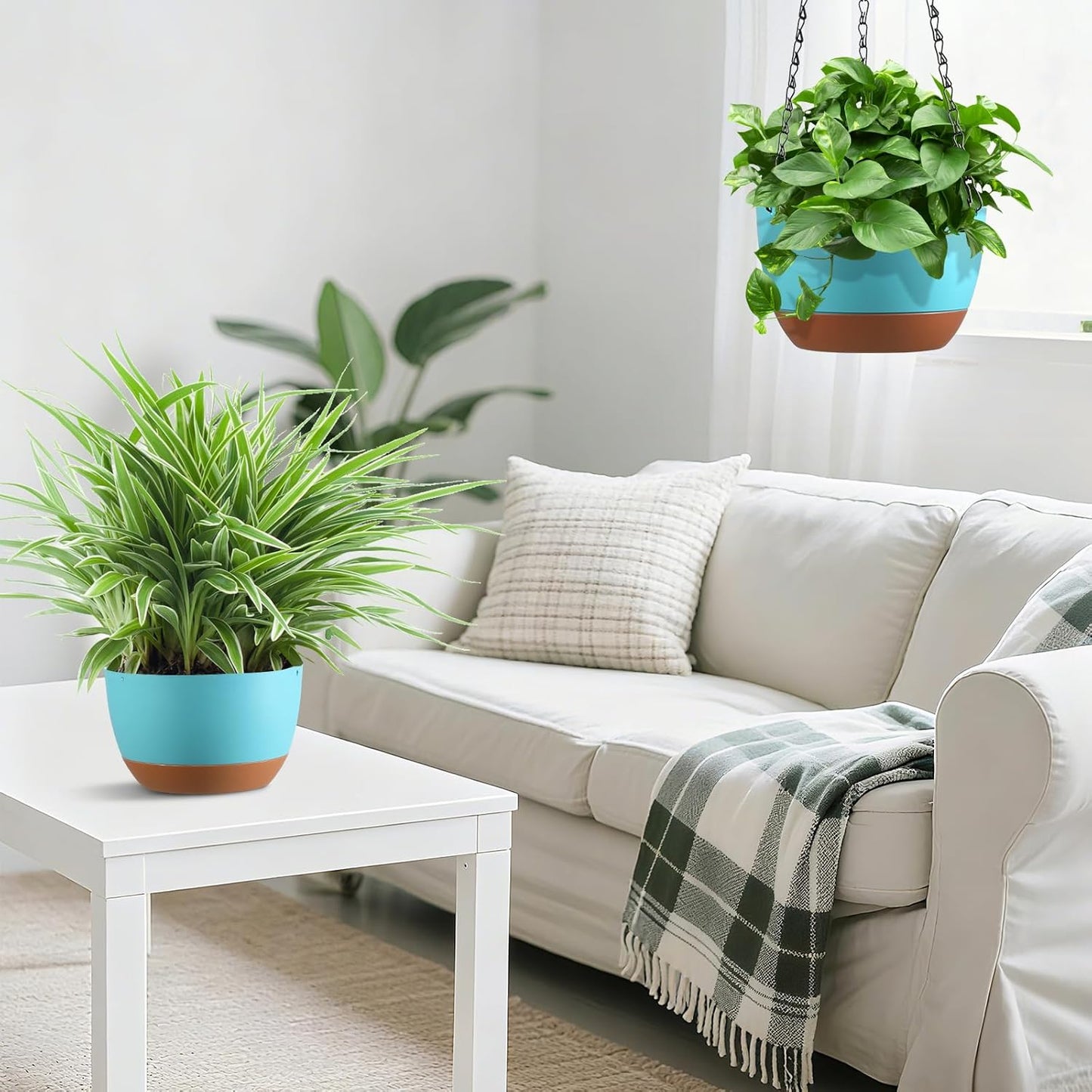 Set of 2 Hanging Planters for Indoor Outdoor Plants, 8 Inch Self-Watering Hanging Flower Pots with Drainage Hole & Removable Water-Storage Tray (Hooks)