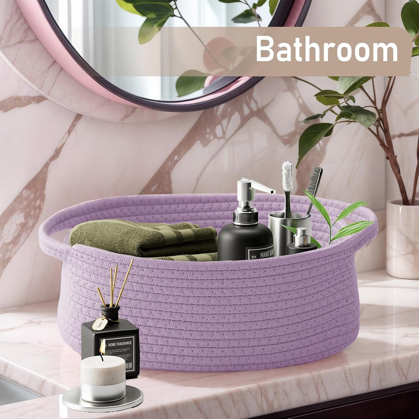 JMvicyroam Woven Basket,Small Rope Storage Bin with Handles & Ribbon Bag, Organizer for Shelves Closets,Gift Basket Empty for Birthday,Books,Dog Toys,White