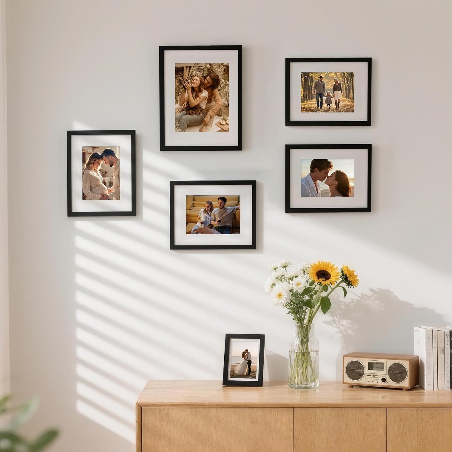 12x12 Picture Frame Set of 9, Display Pictures 8x8 with Mat or 12x12 without Mat, Multi Collage Gallery Square Photo Frames for Wall or Tabletop, Black