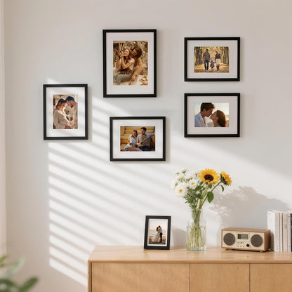12x12 Picture Frame Set of 9, Display Pictures 8x8 with Mat or 12x12 without Mat, Multi Collage Gallery Square Photo Frames for Wall or Tabletop, Black