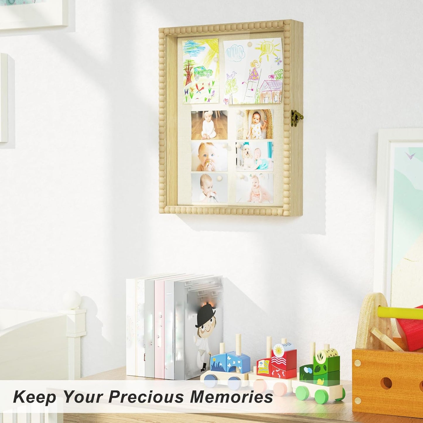 Love-KANKEI Shadow Box Frame 11x14, Deep Large Shadow Box Display Case with Unique Beads Door and Glass Window, Wood Memory Box for Pictures,Medals,Memorabilia,Collections White
