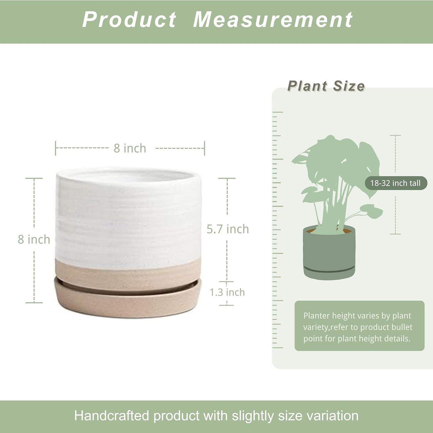 HERDUK 6 Inch Plant Pots, Ceramic Planter Pot with Drainage Hole & Saucer, Indoor/Outdoor Cylinder Round Planter Pot, Green & Beige