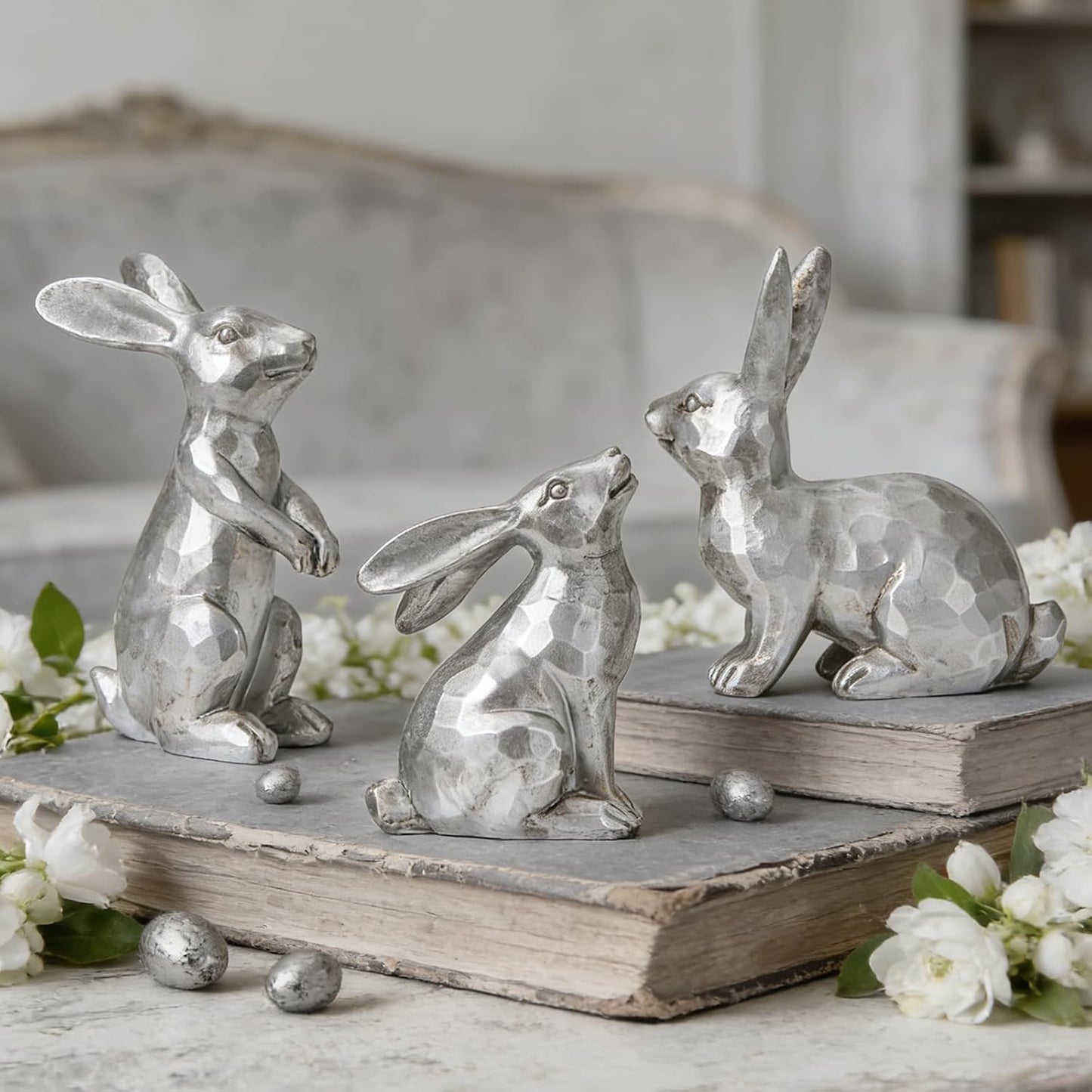 DN DECONATION Golden Polyresin Bunny Decor Rabbit Figurines, Easter Bunny Statue Set of 3 for Spring Tabletop Decor