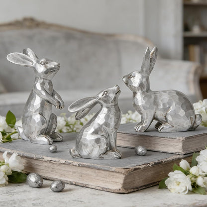 DN DECONATION Golden Polyresin Bunny Decor Rabbit Figurines, Easter Bunny Statue Set of 3 for Spring Tabletop Decor