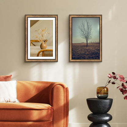 Golden State Art, 11x14 Photo Frame with Mat for Pictures 8x10 and Real Glass (Dark Gold Brown & Bronze Pewter Panel with White Color Mat, 1.25 Inch Frame Border)