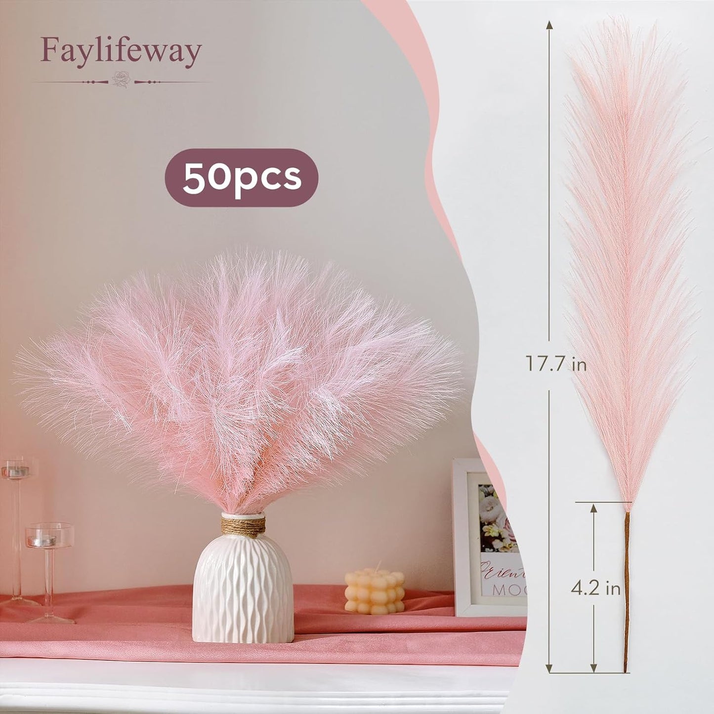50pcs Pampas Grass 17in for Living Room Decor, Blush Pink Pampas Grass Decor, Fluffy Pink Flowers for Home Birthday Bathroom Baby Shower Wall Bow Decor(Blush & Cream & Pink)