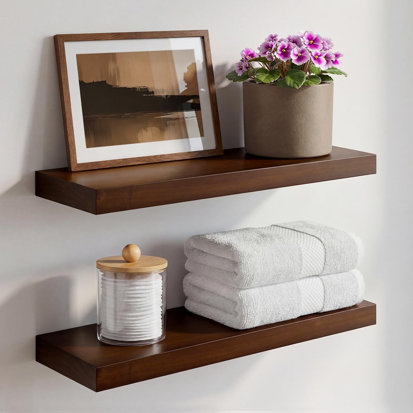 Homeforia 24 inch Natural Floating Shelf, High End Solid Real Wood 24inch Small Floating Shelves for Wall Mounted, Natural Wooden Floating Shelves, Heavy Duty Bracket, 24 X 6.5 X 1.75 in, Set of 2
