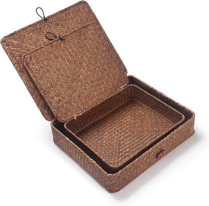 Seagrass Storage Basket Box with Lid Rectangular Woven Shelf Baskets Bins for Organize Snack Toys Set of 2 Natural Decorative(Large+Small)
