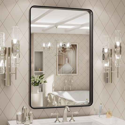 LOAAO Black Metal Framed Bathroom Mirror for Wall, 22X30 Inch Rounded Rectangle Mirror, Matte Black Bathroom Vanity Mirror Farmhouse, Anti-Rust, Hangs Horizontally or Vertically - Colors B