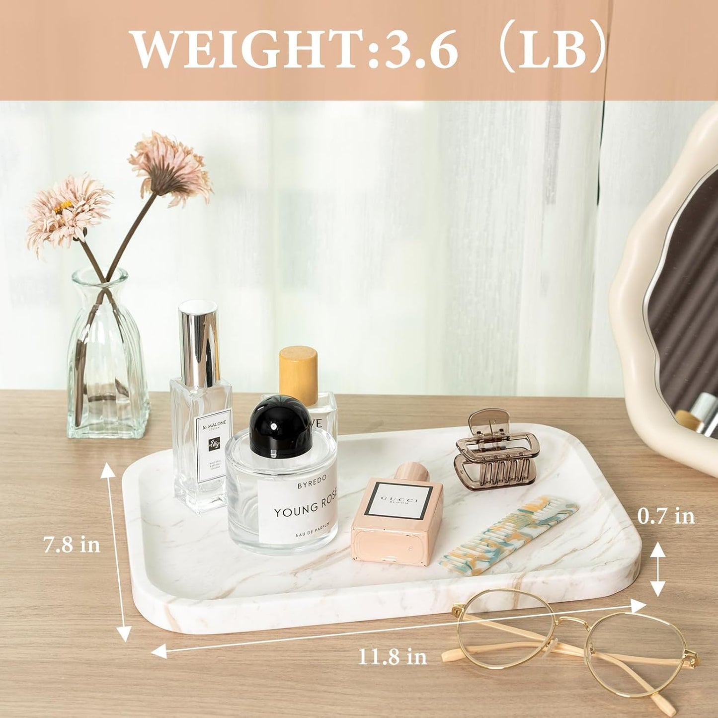 Marble Vanity Tray for Dresser Organizer, Travertine Bathroom Tray Countertop, Beige Decorative Serving Trays, Kitchen Sink Storage, Jewelry & Perfume Holder(Travertino Romano)