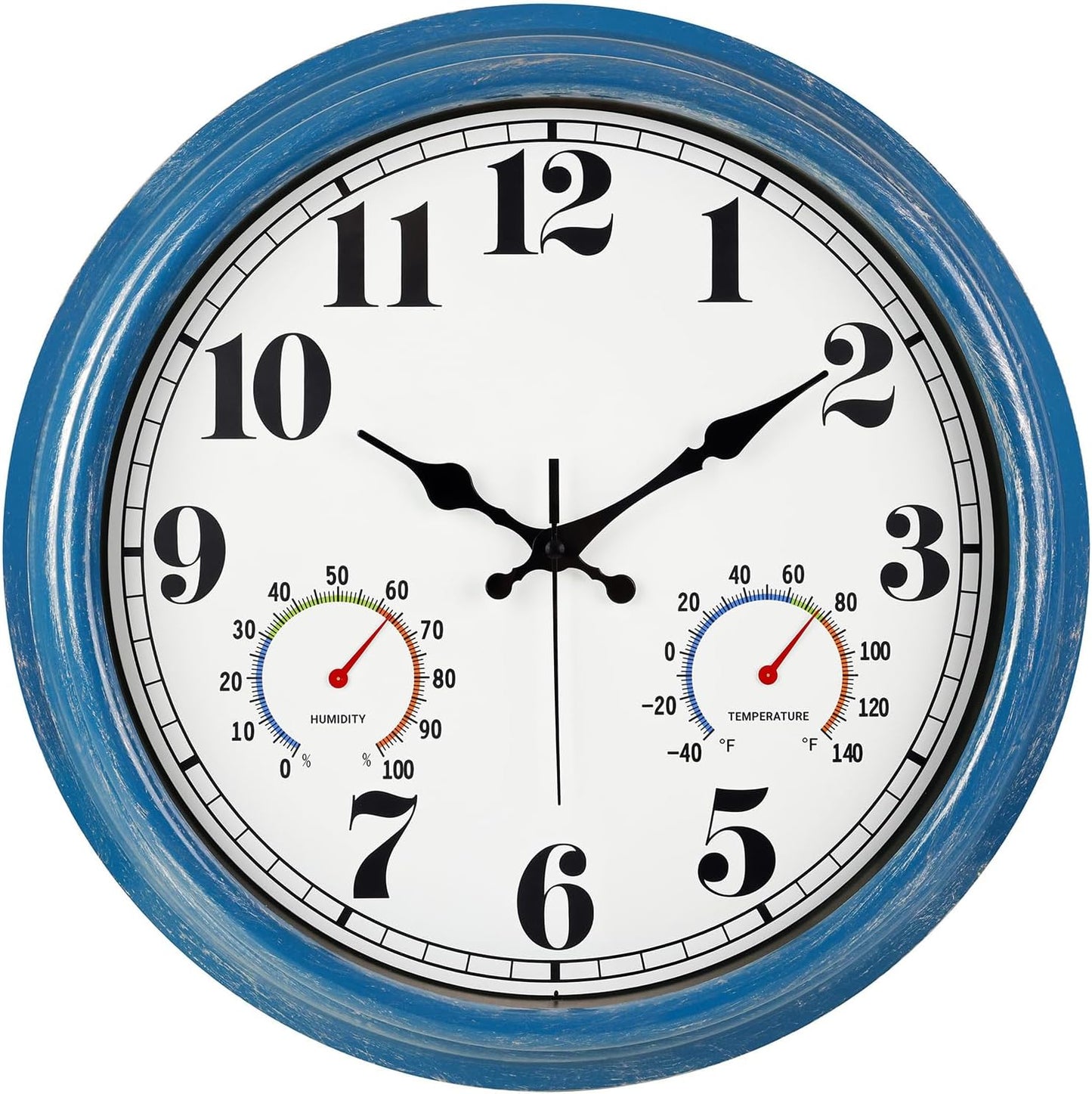 JENLYSTIME 12 Inch Indoor/Outdoor Retro Waterproof Wall Clock with Thermometer Silent Round Quartz Battery Operated Easy to Read Decorative for Kitchen Patio,Bathroom,Deck,Porch,Pool(Blue)