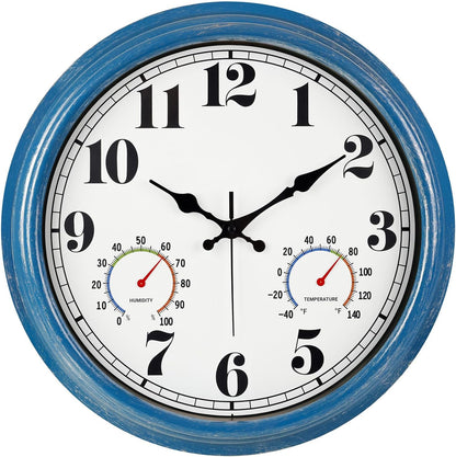 JENLYSTIME 12 Inch Indoor/Outdoor Retro Waterproof Wall Clock with Thermometer Silent Round Quartz Battery Operated Easy to Read Decorative for Kitchen Patio,Bathroom,Deck,Porch,Pool(Blue)