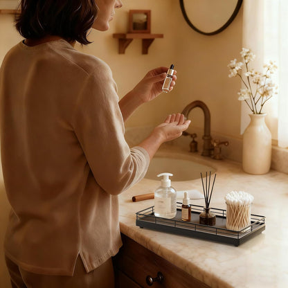 Bathroom Vanity Tray for Countertop, 12" x 6" Acacia Wood Toilet Tank Tray with Metal Guardrail, Bathroom Organizer for Soap, Perfume & Skincare, Non-Slip Decorative Tray for Dresser, Black & Acacia