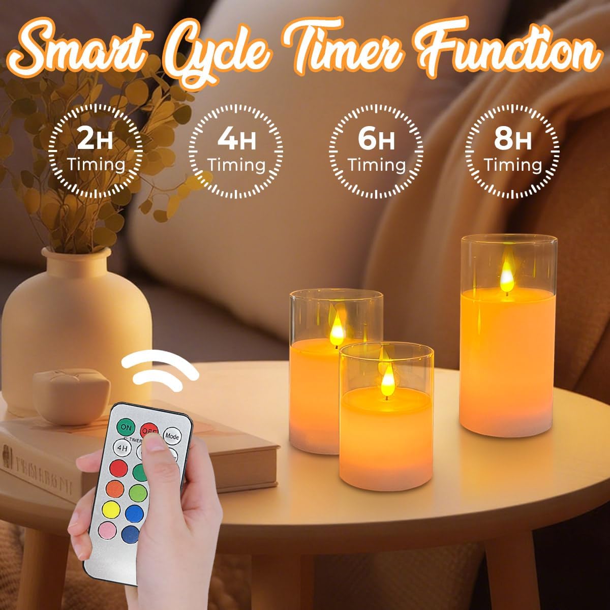 Rechargeable Flameless Glass Pillar Candles–Gifts for Women,–Set of 3, Realistic Flickering LED Light,Remote & Timer, Ideal for Living Room, Bedroom & Festival Wedding Home Party Decor