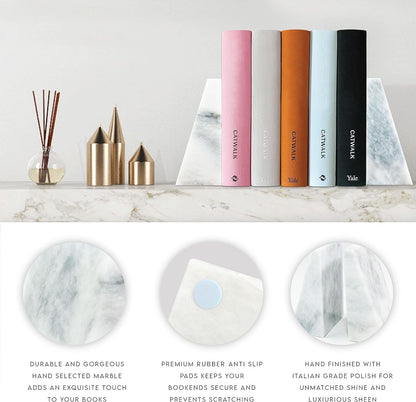 Ottimo Polished Heavy Stone Marble 6" Book Ends for Bookshelf Decor, Home, Office or Kitchen Shelves. Heavy, Triangular, and Decorative Book Stopper with Anti-Slip Pads, Great Gift Idea (White)