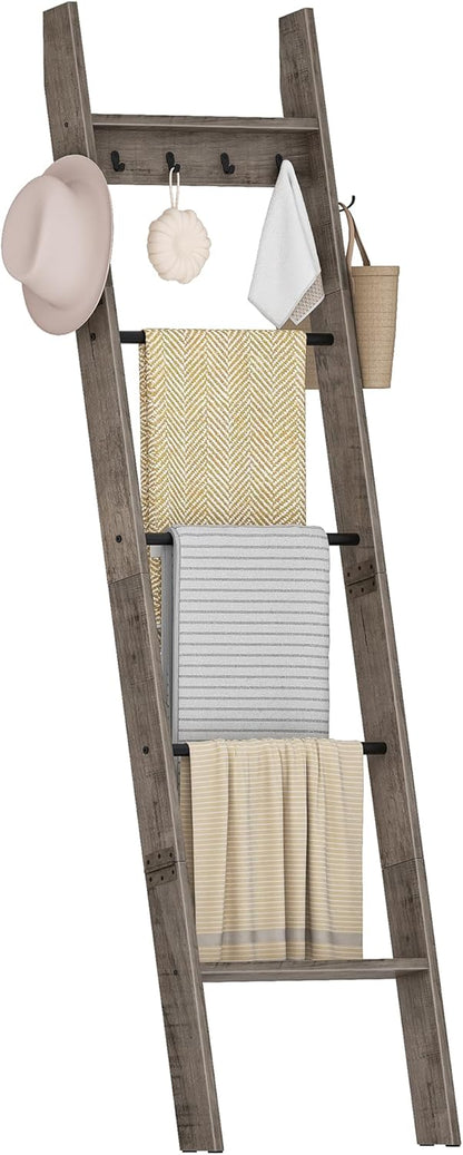CHOEZON 5-Tier Blanket Ladder, Wooden Blanket Display Rack, Towel Ladder with Hooks, Wall Leaning Display Shelf, for Living Room, Bedroom, Balcony, Rustic Brown and Black MCJ02FG