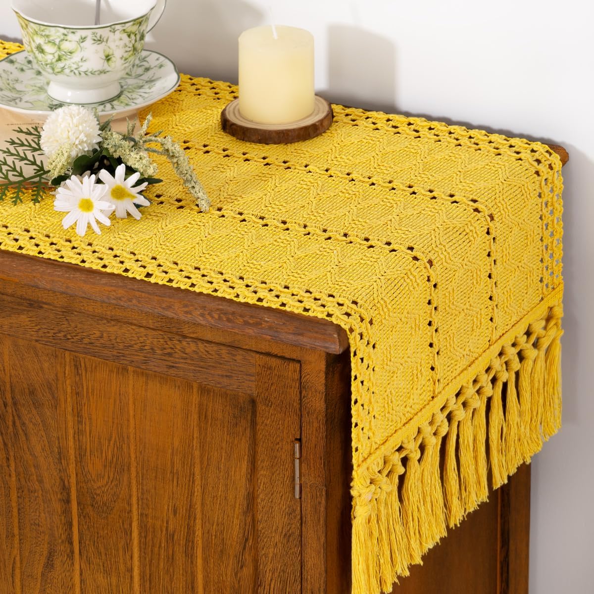 Socomi Boho Table Runner Summer Farmhouse Rustic Dining Kitchen Centerpiece Decor Small Macrame Woven Cotton Linen Coffee Table Runner for Dresser Scarf Home Decor 12x36 inch Beige