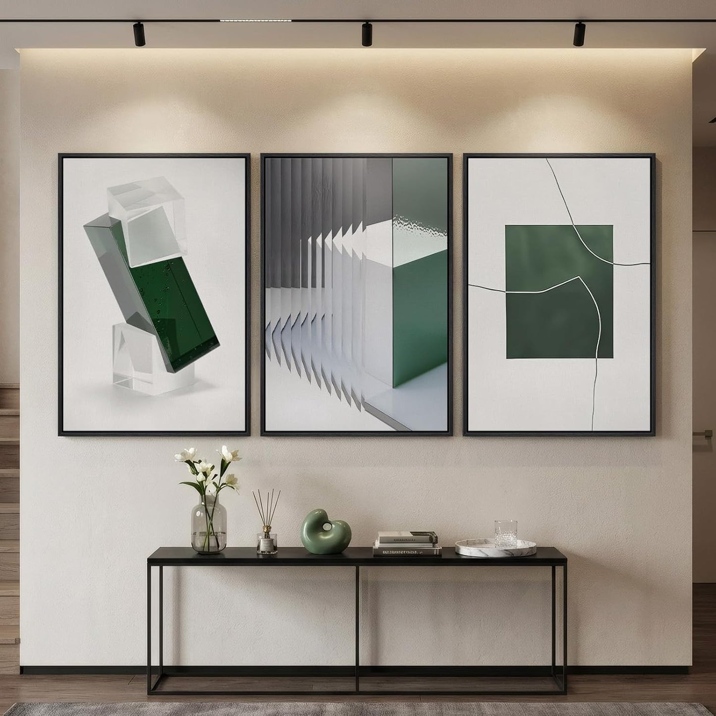 Large Framed Abstract Nature Landscape Wall Art for Living Room, Set of 3 Modern Canvas Prints Paintings Artwork for Walls, Green Lake Pictures for Hallway, Dining Room, Office Wall Decor 24x36 Inch