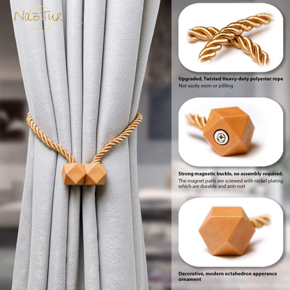 NazTur Magnetic Curtain Tiebacks- Upgrade 2022 with a Thicker Twist Rope & Strong Magnet Tieback Window Treatment Holdbacks Draperies Holders Decorative Drape Handmade Tie Back (Black, 2)