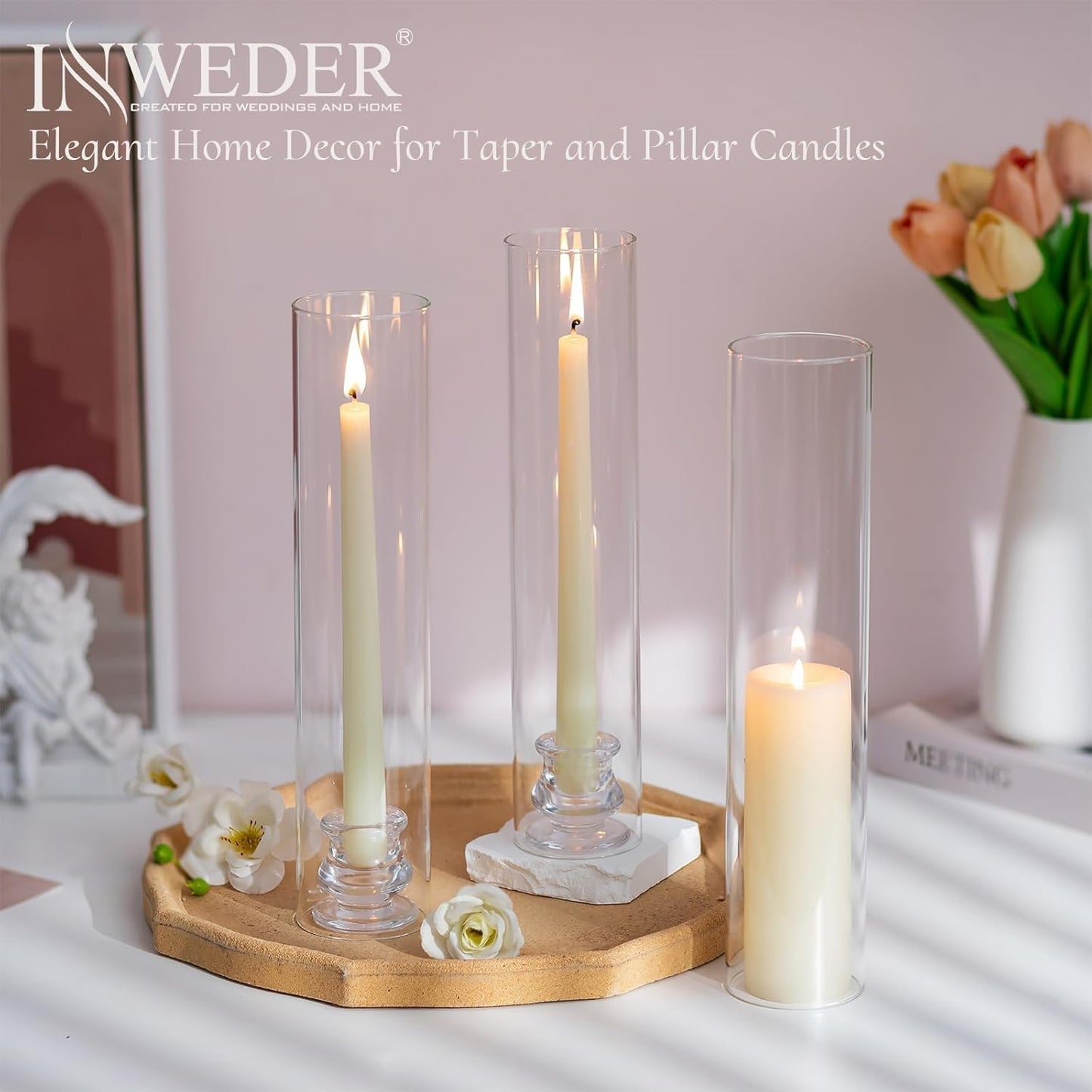 Glass Hurricane Candle Holder: 12" Tall Candlestick Holder Bulk with Cylinder Windproof Cover Set of 6 Clear Taper Candle Holders for Wedding Party Birthday Christmas Decor