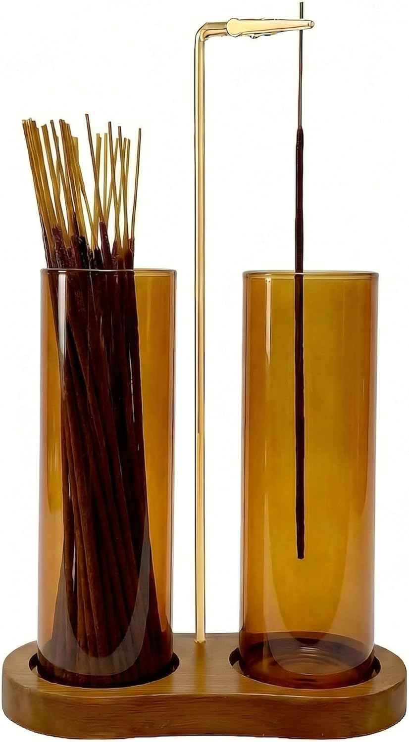 Incense Holder,2 in 1 Incense Sticks Burner Holder with Storage,Hang Upside Down Incense Holder for Sticks with Glass Ash Catcher for Meditation Yoga Spa Room Decor (Brown)
