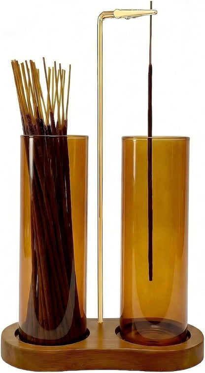 Incense Holder,2 in 1 Incense Sticks Burner Holder with Storage,Hang Upside Down Incense Holder for Sticks with Glass Ash Catcher for Meditation Yoga Spa Room Decor (Brown)