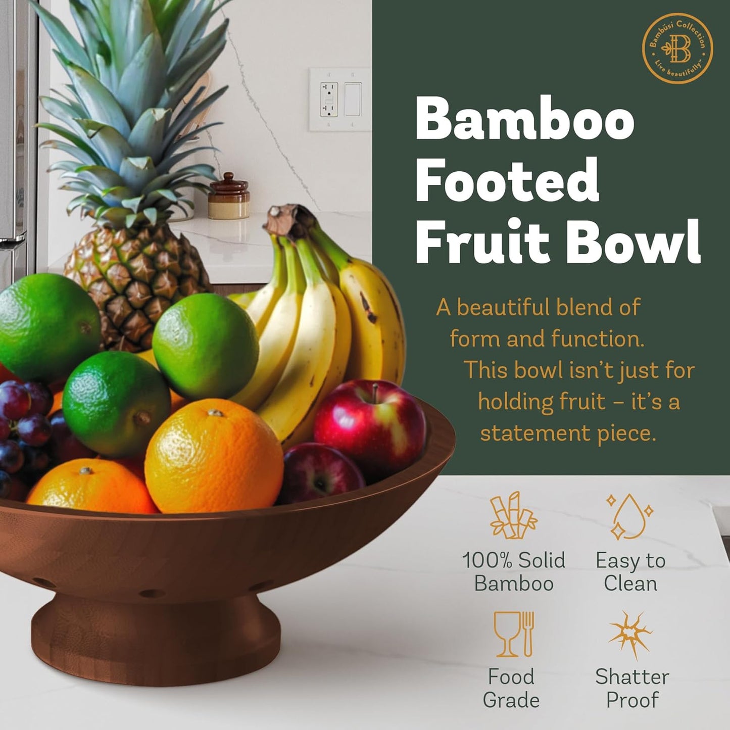 Fruit Basket for Kitchen Counter - Fruit Bowl for Kitchen Counter, Bamboo Pedestal Fruit Basket with Ventilation Holes, Wooden Fruit Bowl for Fruit and Vegetable Storage, Decorative Frutero for Cocina