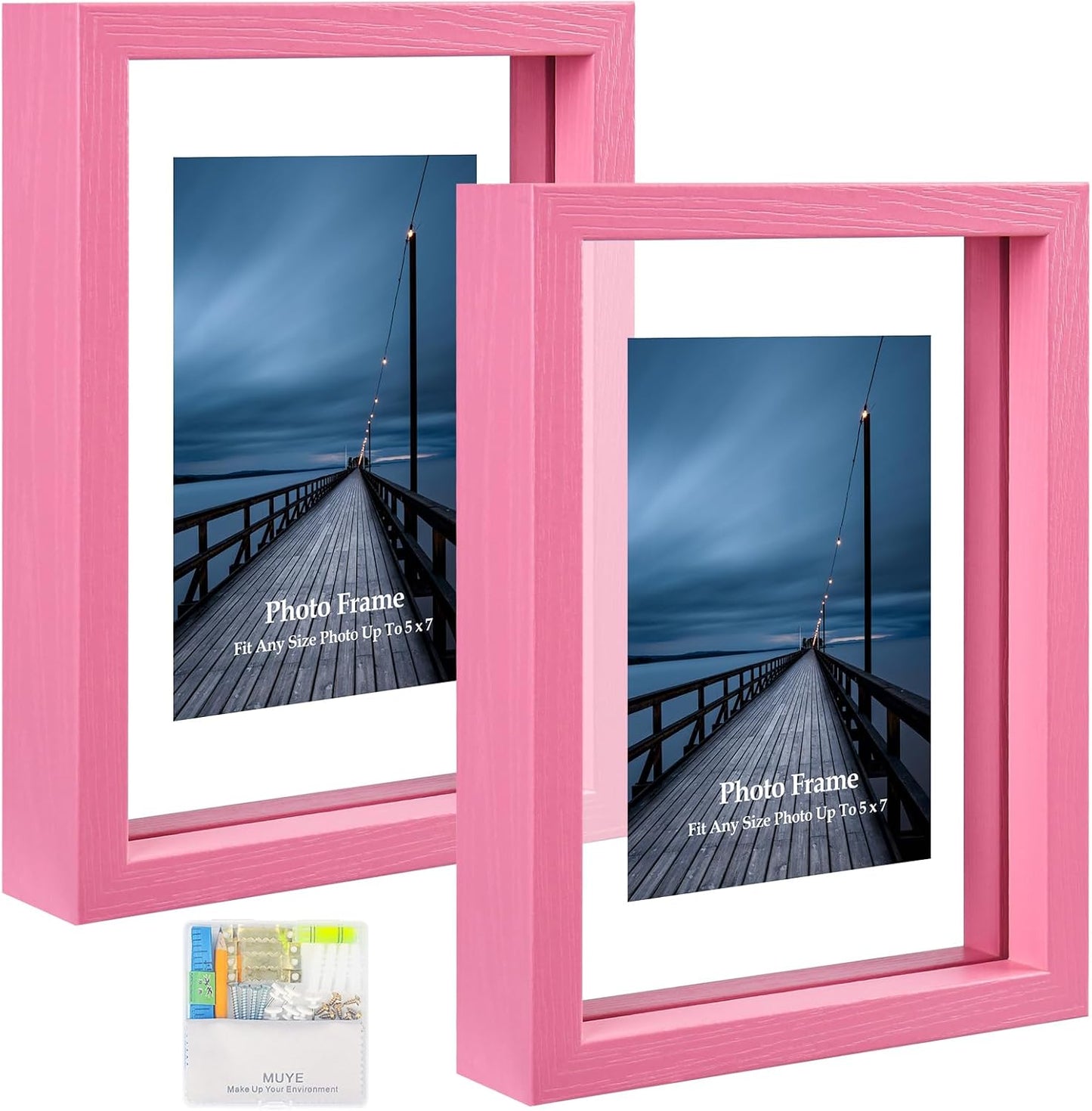 MUYE 11x14 Floating Frame Set of 2,Double Glass Rustic Frame,Display Any Size Photo up to 11x14,Wall Mount or Tabletop Standing,Natural