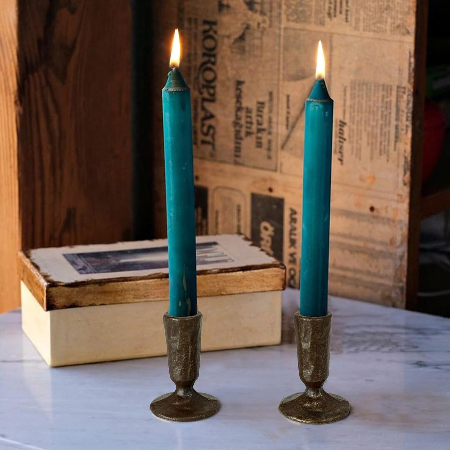 Handcrafted Antique Brass Iron Taper Candle Holders - Set of 2 Elegant Candlesticks for Weddings, Dining, and Parties, Timeless Décor Accent