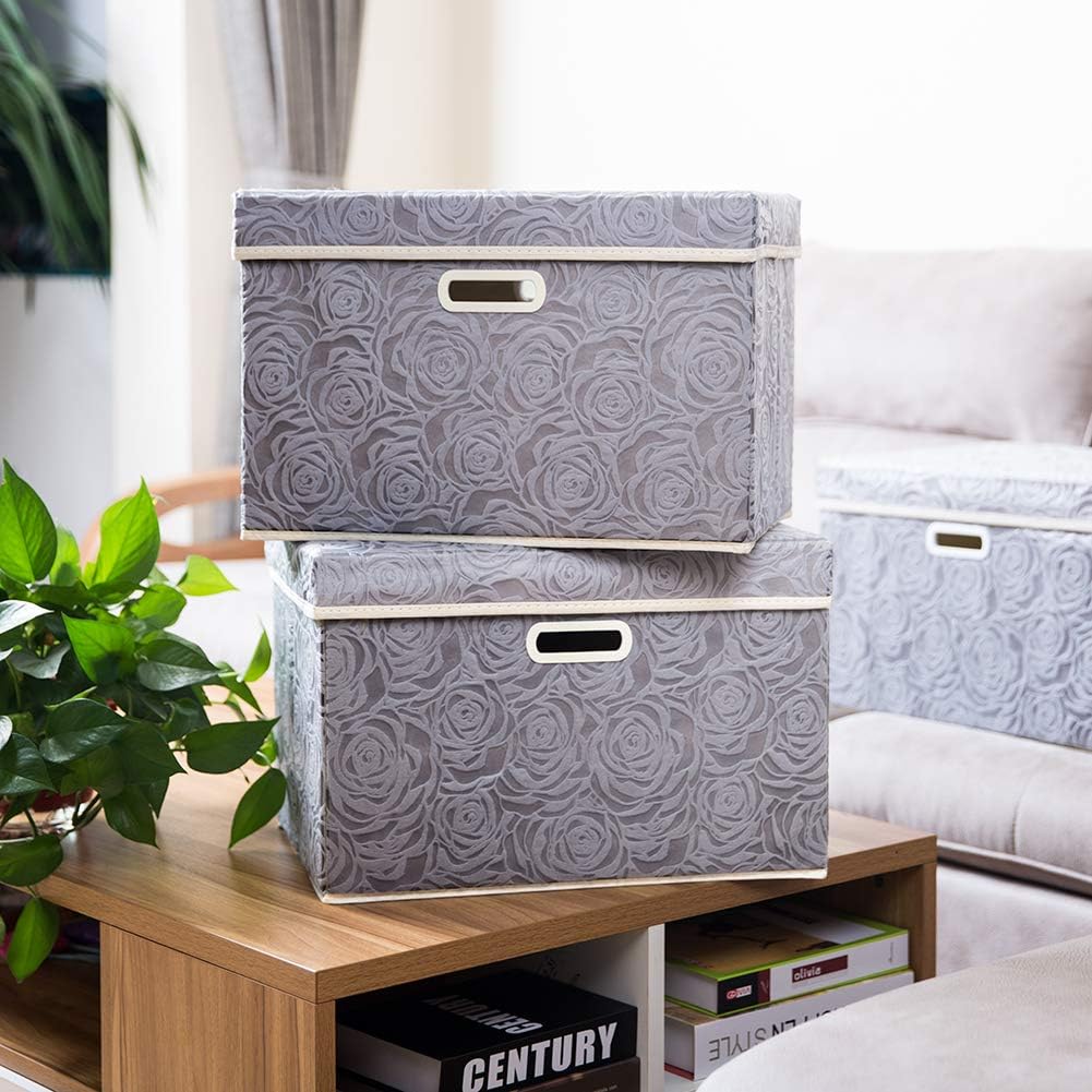 PRANDOM Larger Collapsible Storage Bin with Lid [1-Pack] Fabric Decorative Storage Box Cube Organizer Container Baskes with Handles Divider for Bedroom Closet Living Room Pink 17.7x11.8x11.8 Inch