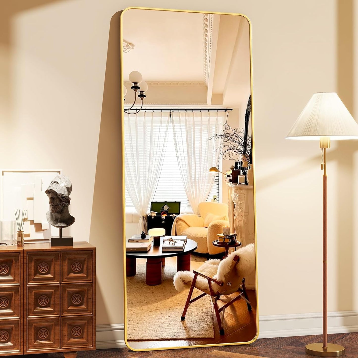 XRAMFY 56"x21" Floor Full Length Mirror Standing Full Body Rounded Corner Rectangle Mirrors with Stand Hanging Wall Mounted Leaning Bedroom Living Room Bedroom Cloakroom,Gold