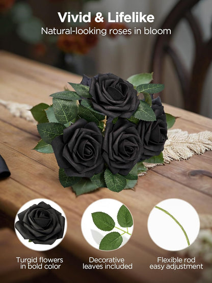 InnoGear Artificial Flowers, 50 Pcs Dark Red Foam Fake Roses Bulk with Stems for Mother's Gift Decoration Celebration DIY Wedding Bouquets Centerpieces Bridal Shower Party Christmas Tree