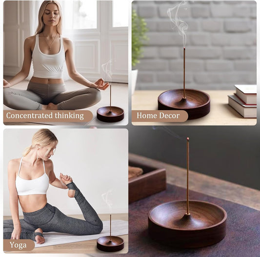Incense Holder,Black Walnut Hand - Crafted Round Burner for Sticks with Ash Catcher,Perfect for Relaxation at Home, Yoga,Spa & as a Gift(3.5 * 3.5in)