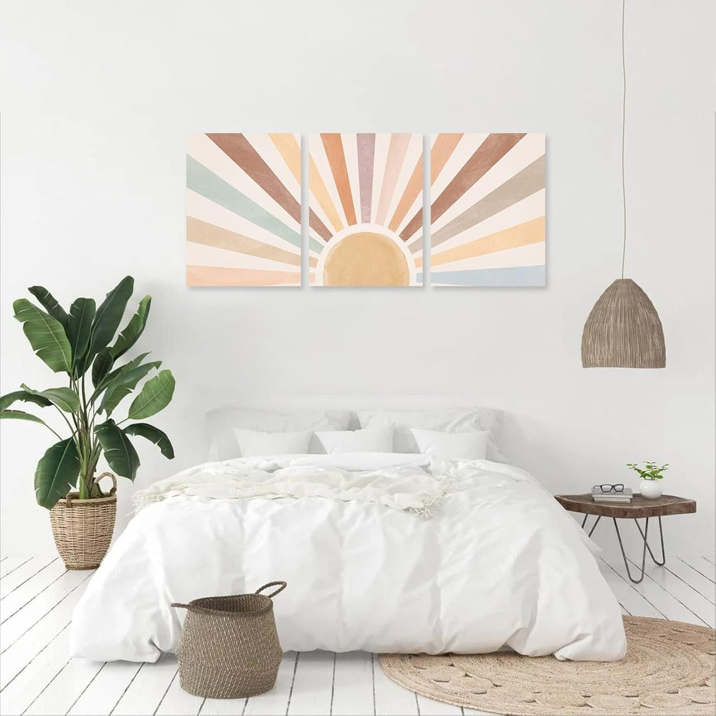 Sage Green Boho Wall Art Set of 3, Minimalist Framed Wall Art Geometric Line Leaf Sun Moon Beige Green Canvas Artwork Paintings, Abstract Botanical Boho Room Decor, Office, 12"x16"