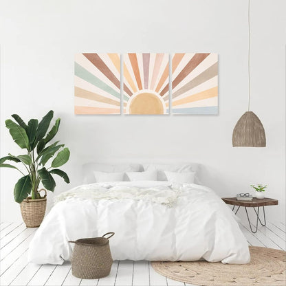 Sage Green Boho Wall Art Set of 3, Minimalist Framed Wall Art Geometric Line Leaf Sun Moon Beige Green Canvas Artwork Paintings, Abstract Botanical Boho Room Decor, Office, 12"x16"
