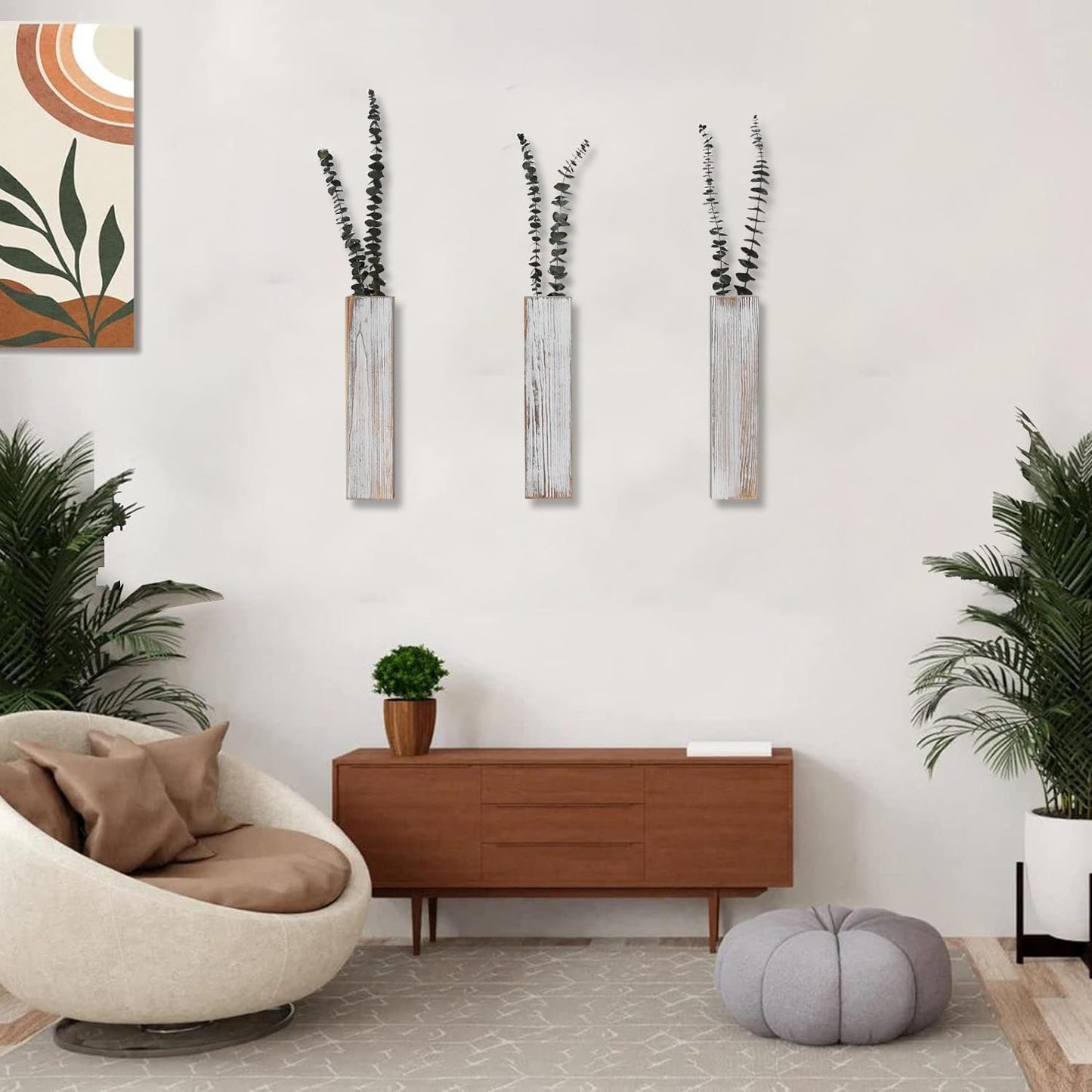 Wooden Wall Planter Set of 4 - Modern Home Decor for Living Room, Bedroom, Bathroom - Walnut Finish Planter for Dried Flowers, Faux Greenery, Indoor Plants