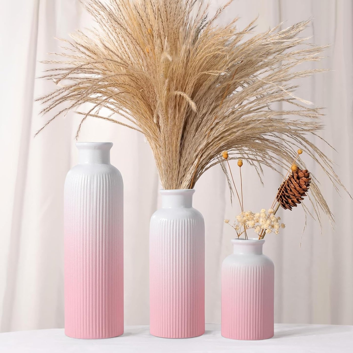 Small White Ceramic Vase Set of 3, Boho Modern White Flower Vase Room Decor, Farmhouse Decor, Vases for Your Kitchen, Bathroom, Bedroom, Living Room, Office&Shelf Centerpiece Table Decorations
