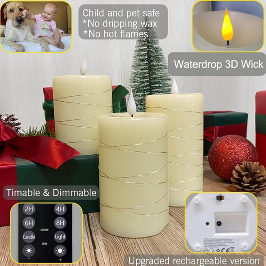 Rechargeable Flameless Glass Pillar Candles–Gifts for Women,–Set of 3, Realistic Flickering LED Light,Remote & Timer, Ideal for Living Room, Bedroom & Festival Wedding Home Party Decor