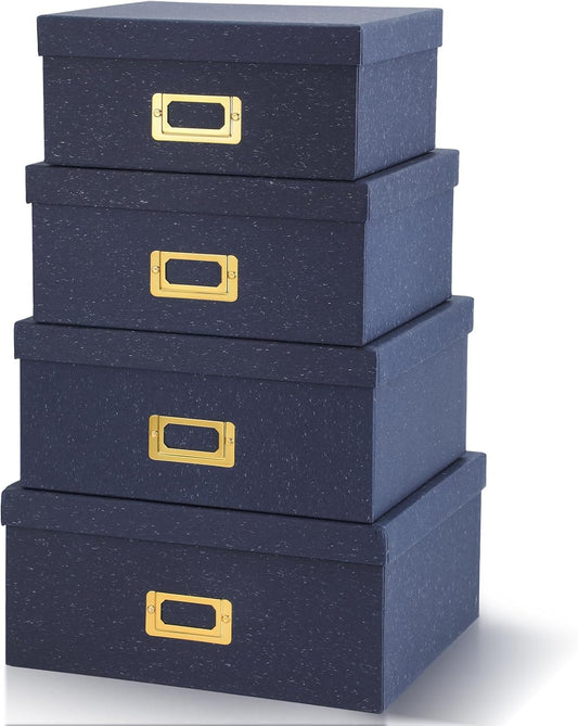 Eaasty Set of 4 Decorative Storage Boxes with Lids, Kraft Paper Boxes with Gold Label Holders, Decorative Photo Memory Keepsakes Storage, Cardboard Organizers for Home Decor, Office Organizing (Green)
