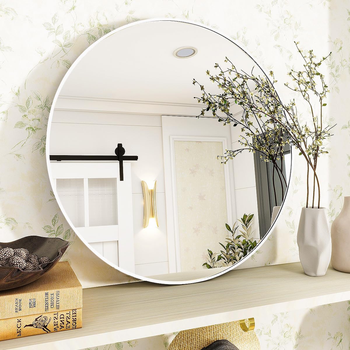 VooBang Large Black Round Bathroom Mirror, 48 inch Circle Wall Mounted Hanging Mirror with Simple Modern Circular Metal Frame for Hallway, Entryway, Living Room, Black Frame