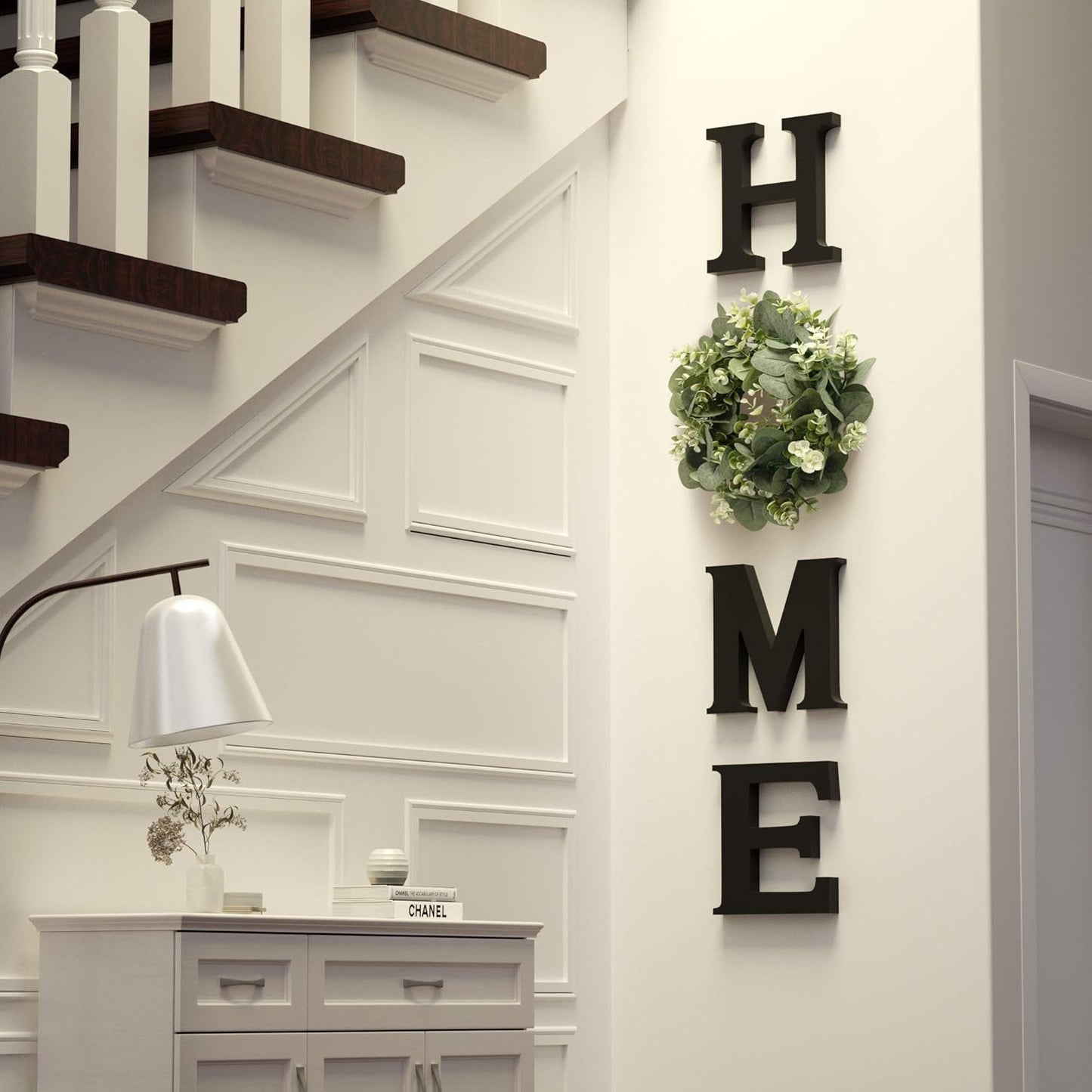 MAYICIVO Modern Wooden Home Sign with Artificial Eucalyptus Wreath, White and Beige, 13.81 inches Diameter, Wall Mount, MDF Wood, Plastic