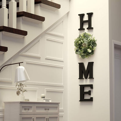 MAYICIVO Modern Wooden Home Sign with Artificial Eucalyptus Wreath, White and Beige, 13.81 inches Diameter, Wall Mount, MDF Wood, Plastic