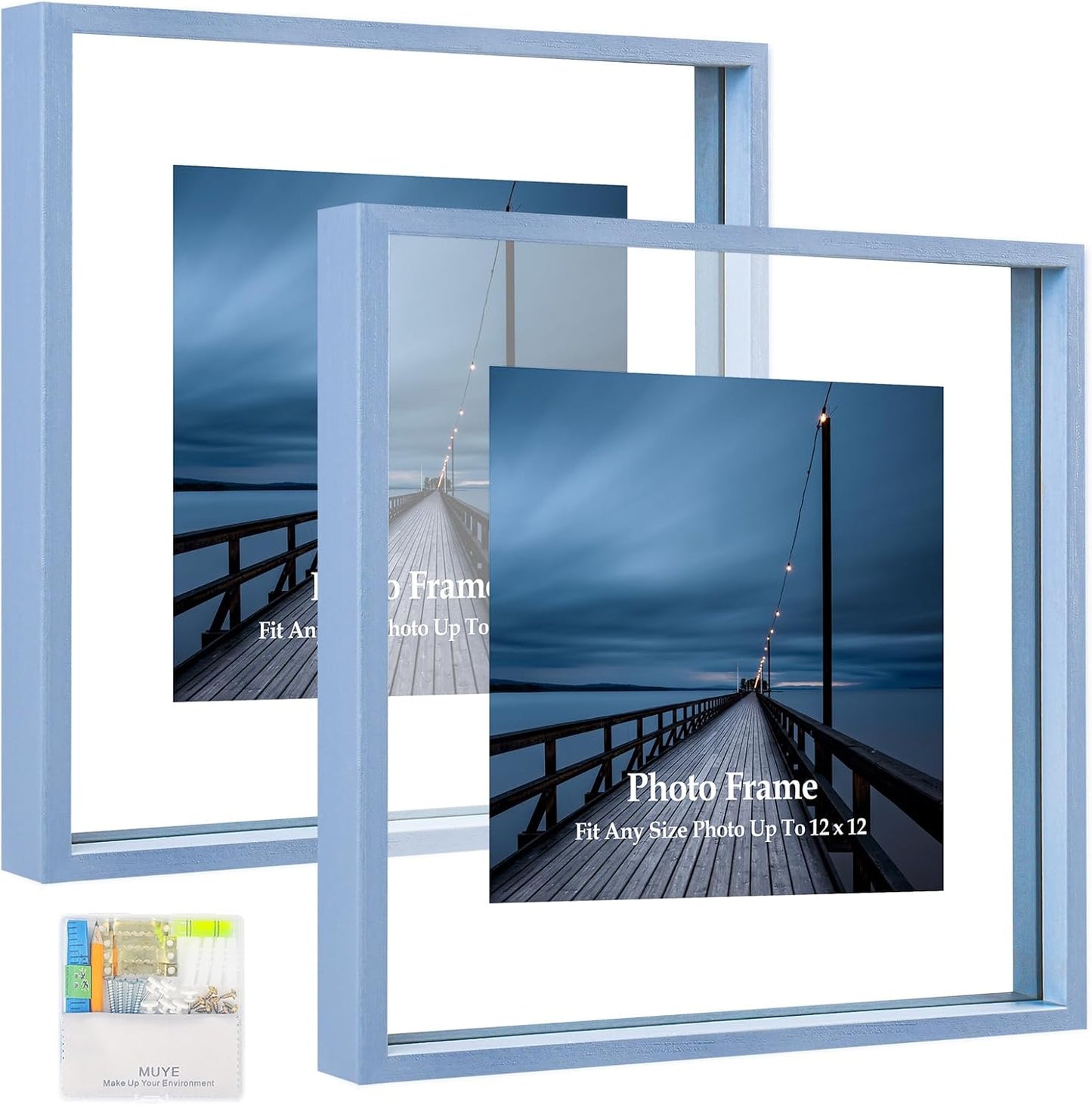 MUYE 11x14 Floating Frame Set of 2,Double Glass Rustic Frame,Display Any Size Photo up to 11x14,Wall Mount or Tabletop Standing,Natural