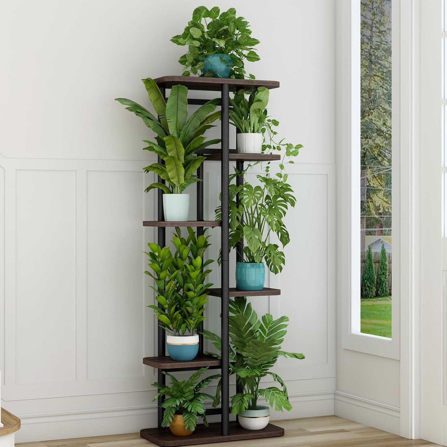 LINZINAR Plant Stand Indoor 4 Tier 5 Potted Multiple Plant Shelf Stands for Garden Corner Balcony Living Room Black